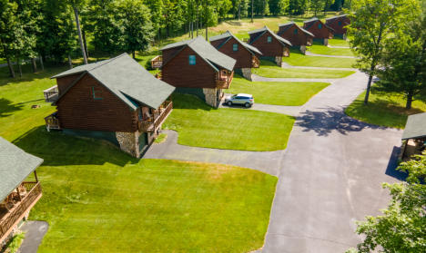 This is an aerial  picture of the cabins at Beaver Creek Resort in Gaylord, MI